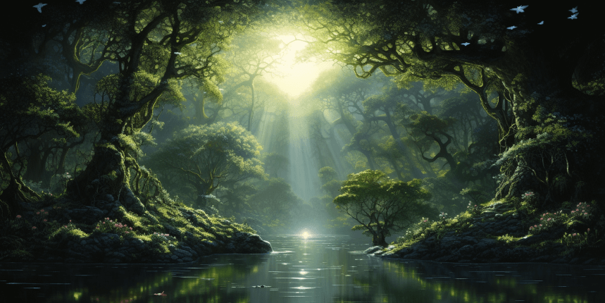 An angel radiating light, soaring in the sky above lush landscapes and flowing rivers