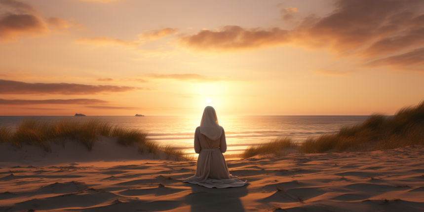 Muslim individual in deep reflection, making du'a with hands raised in a peaceful outdoor setting.