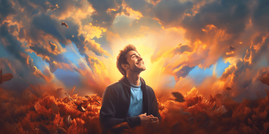 A man stands outdoors, his face radiant with a genuine expression of gratitude. His eyes are closed, and a serene smile graces his lips, conveying a deep sense of contentment and thankfulness.