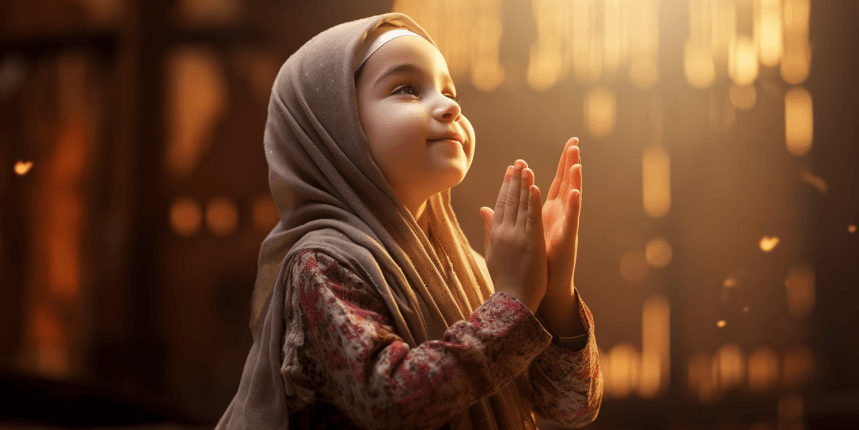 A Muslim young girl stands on a prayer mat, raising her hands in supplication during her prayer.