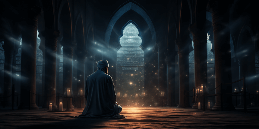 A dimly lit room with a single prayer rug on the floor. A lone worshipper stands in devotion, their hands raised in supplication.