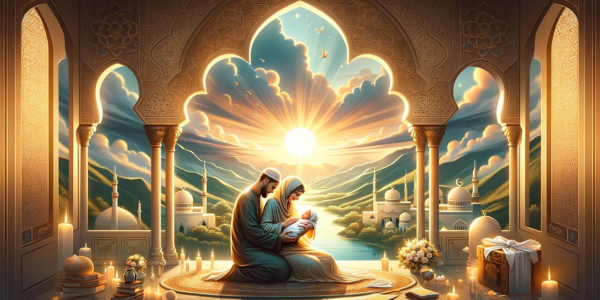 A family embracing at dawn, symbolizing Aqiqah's joy and Islamic culture's warmth