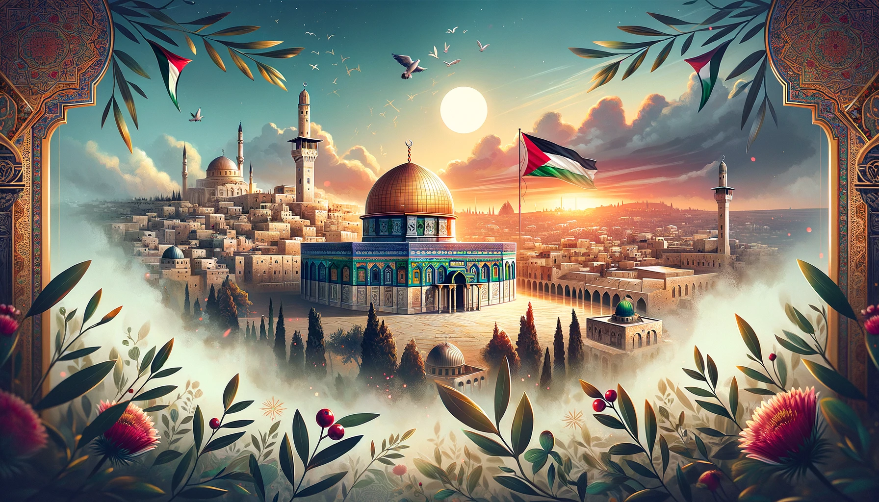Masjid Al Aqsa with Palestinian flag and olive branches symbolizing peace at sunset.