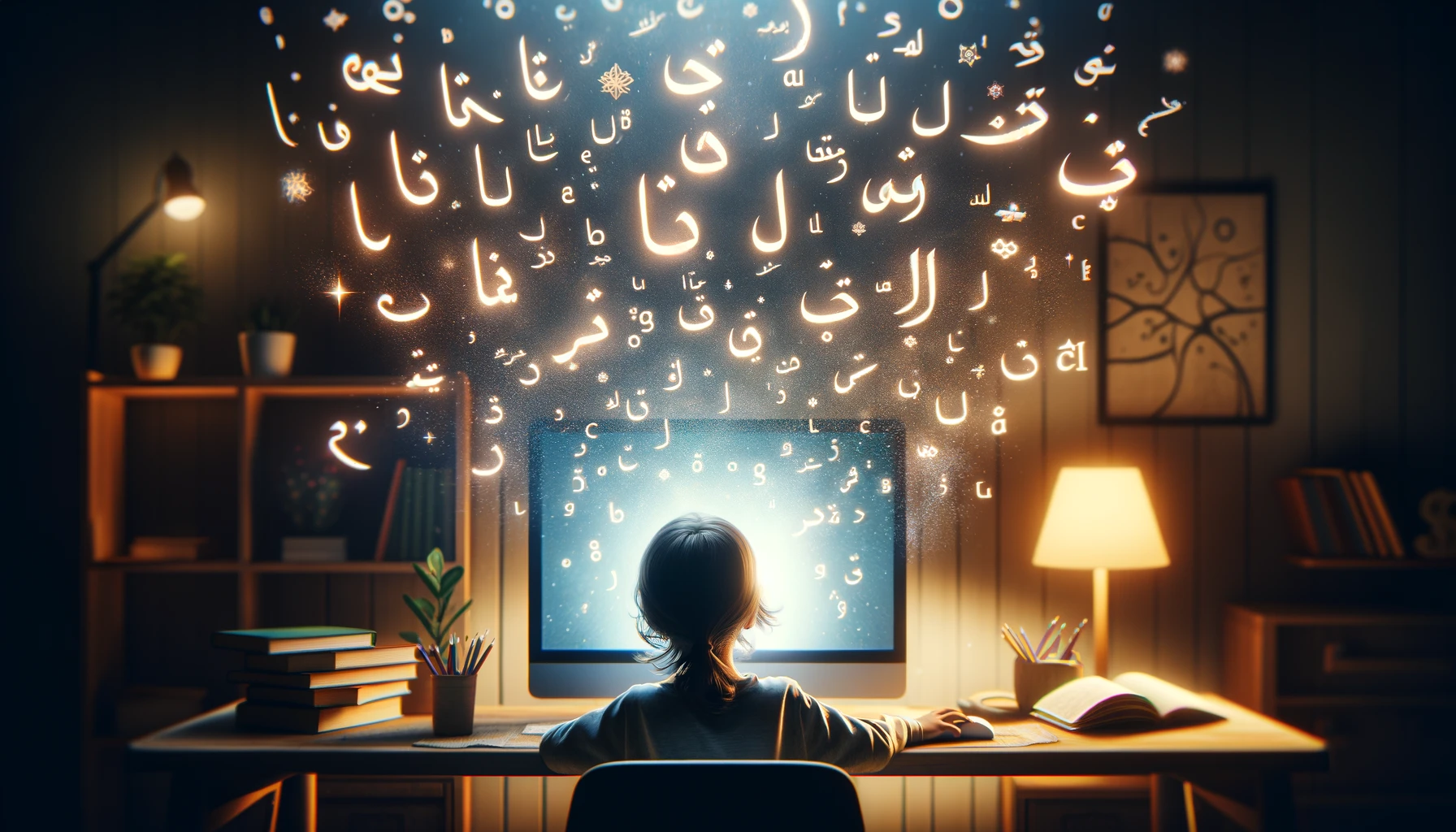 A young child sitting in front of a laptop, engaged in an online Arabic lesson with an IQRA Network teacher.