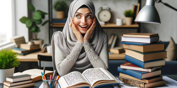 A hijabi woman sitting at a desk filled with books and notes on the Arabic language, looking excited and impressed as she points to an open book. Her desk is adorned with a lamp, a cup of coffee, and various stationery items.