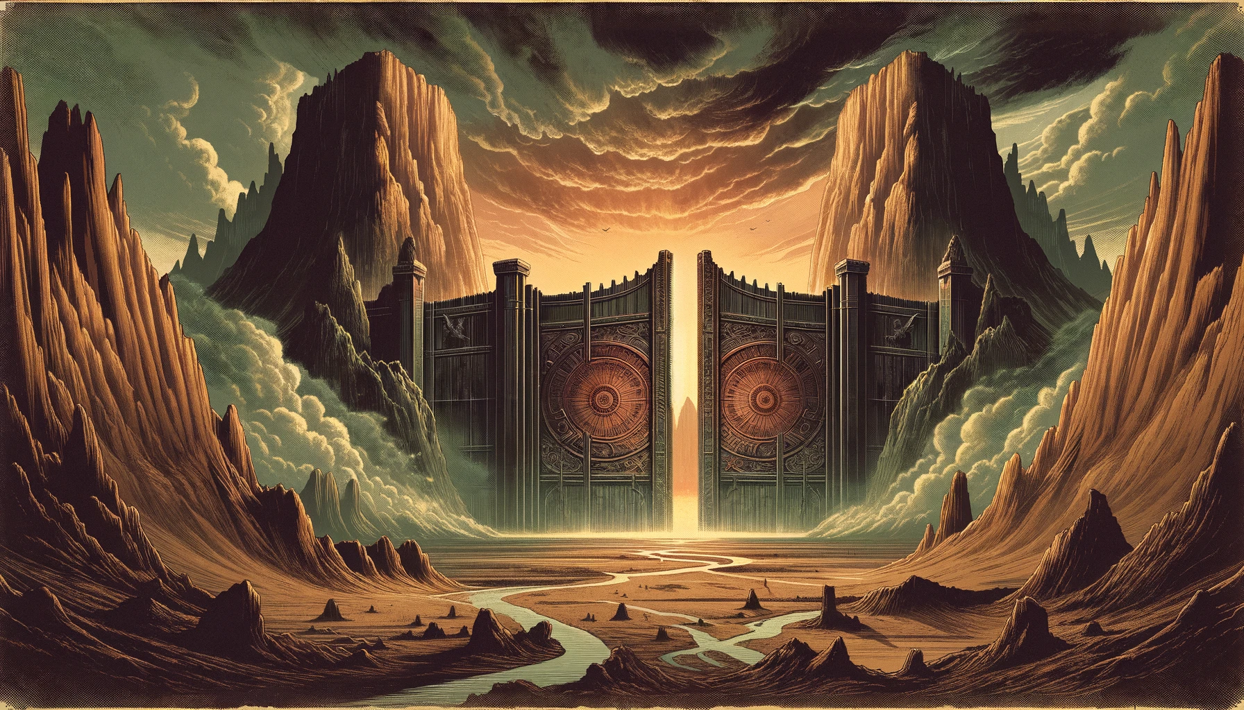 Yajuj and Majuj, depicted in an ancient, mystical landscape as described