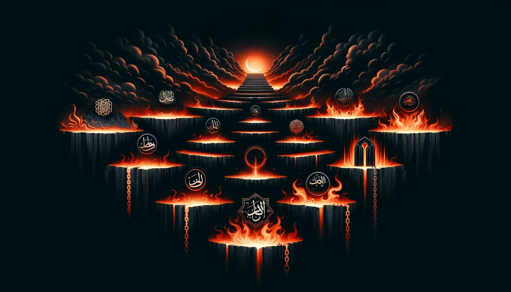 Graphic representation of the Seven Levels of Hell in Islam, featuring a dark background with abstract fiery elements, distinct symbols like flames and chains for each level, and Arabic calligraphy of 'النار' with English title.