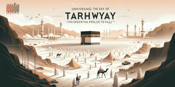 Pilgrims in white garments traveling through a desert landscape towards the tents of Mina with the holy Kaaba in the background, capturing the serene and sacred atmosphere of the Day of Tarwiyah