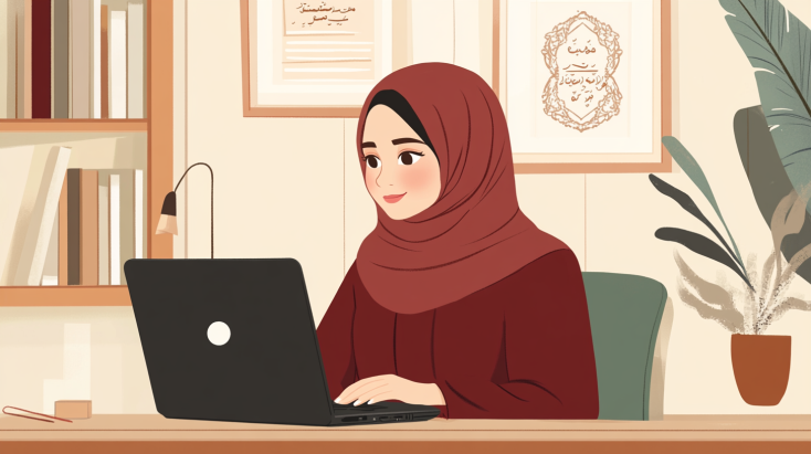 A Muslim girl wearing a hijab, sitting at a desk, sending a message online via a laptop to IQRA Network. The design incorporates red, brown, and beige colors with Islamic decor in the background, including bookshelves and calligraphy.