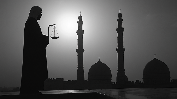 Professional design featuring Islamic themes of law, trade, and living a Muslim life. Includes symbols like scales of justice, a book, and market elements, with geometric Islamic patterns in the background