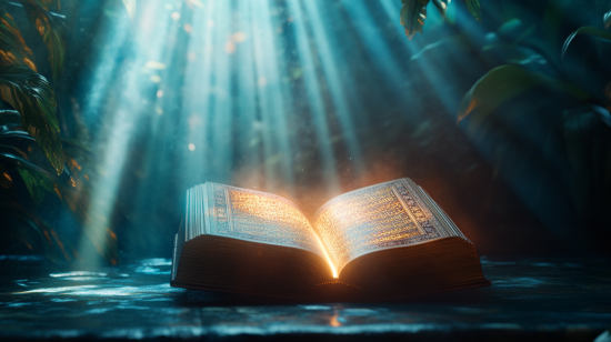 featuring an open Qur'an with glowing rays of light symbolizing divine guidance.