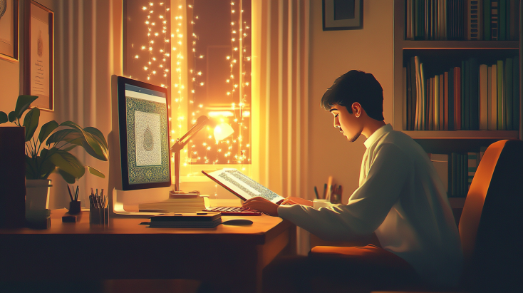 a student learn quran online with a mulsim teacher , he is so intrested and energetic with his teacher, his room is cozy and organized.