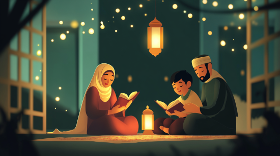 muslims celebrate Islamic New Year in lights and happines atmosphere, Muslim family sitting together, reading the Quran and reflecting on the Hijrah.