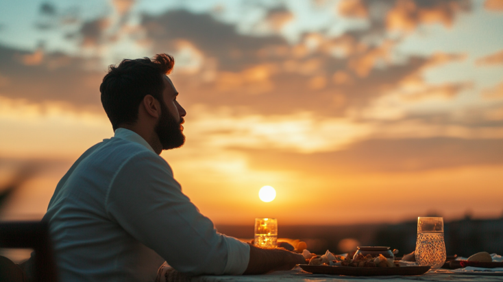 solo American man or girl fast in ramadan alone in a warm atmosphere