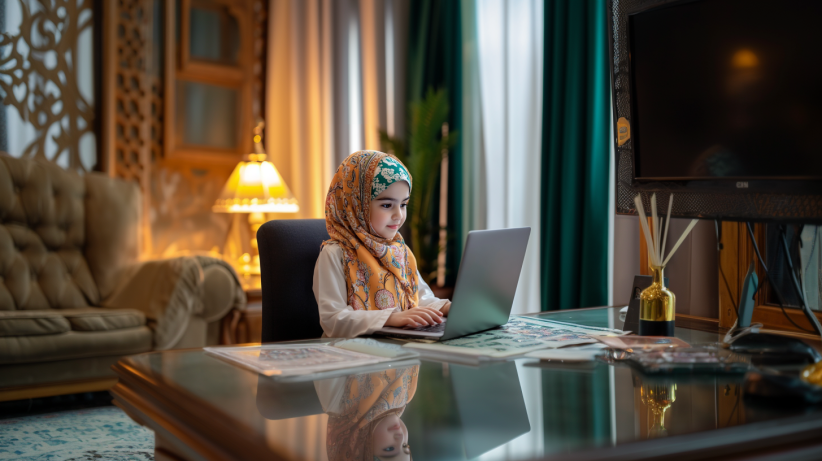 Muslim child learning Quran online with Tajweed using a tablet in 2025